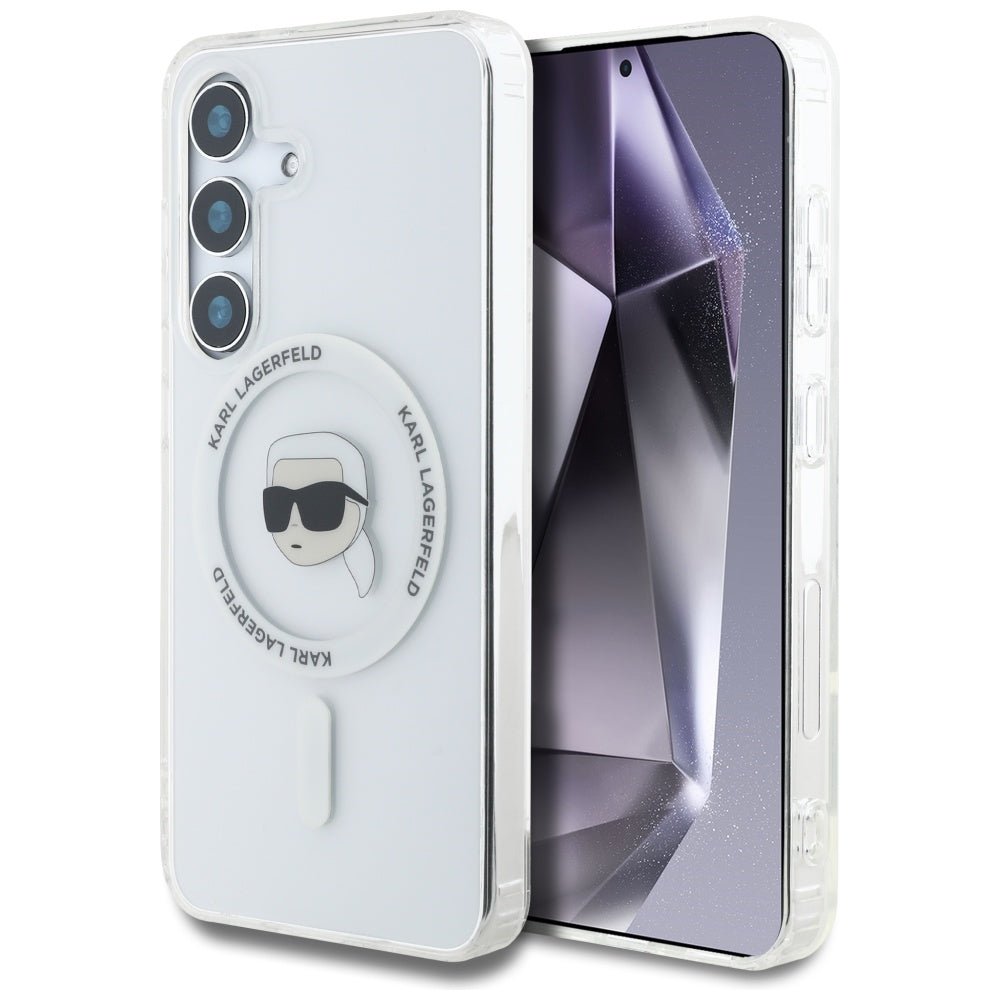 Karl Lagerfeld Samsung Galaxy S25 - Button Karl Head Printed Logo - MagSafe Σκληρή Θήκη με Πλαίσιο Σιλικόνης - White - KLHMS25SHLSKIH