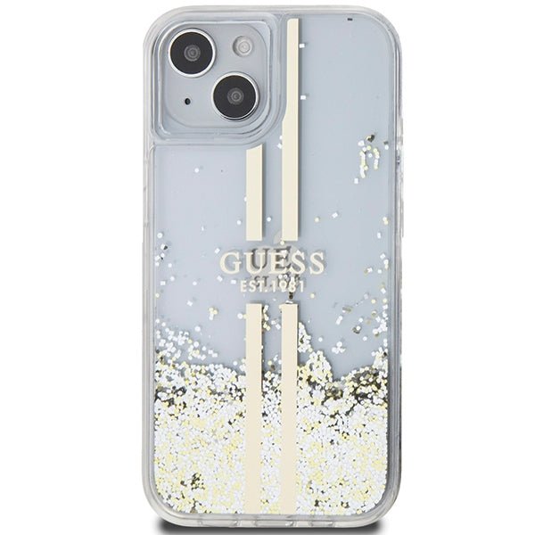 Guess iPhone 15 Plus Liquid Glitter Gold Stripes Σκληρή Θήκη με Πλαίσιο Σιλικόνης - Διάφανη - GUHCP15MLFCSEGT