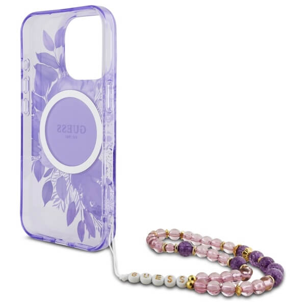 Guess iPhone 16 Pro - IML Flowers With Pearl Strap MagSafe - Σκληρή Θήκη με Πλαίσιο Σιλικόνης και Λουράκι - Purple - GUHMP16LHFWBRCESU