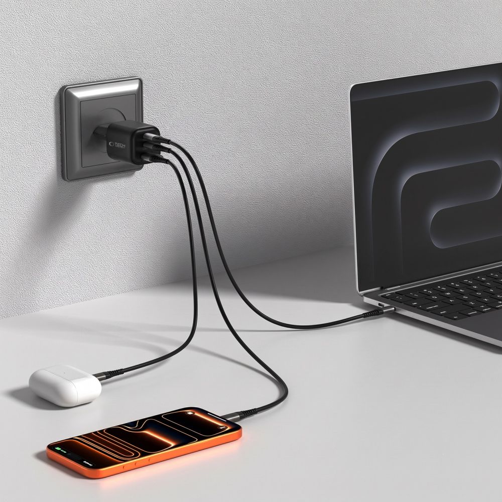 Tech-Protect Οικιακός Φορτιστής PD 3.2 με 1 Θύρα USB και 2 Θύρες Type-C 100W / QC3.0 - NCA100W-GaN - Black