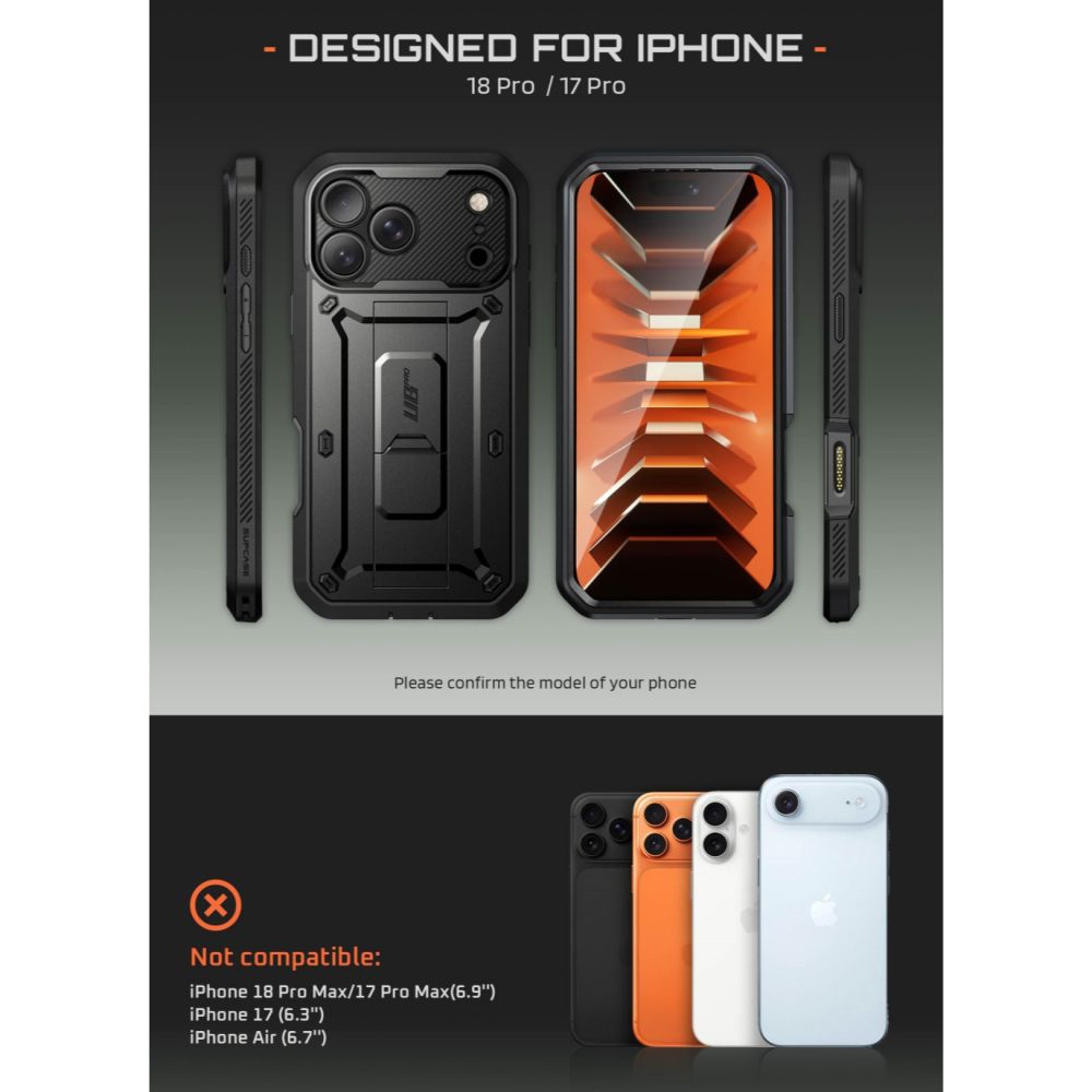 Supcase iPhone 18 Pro / iPhone 17 Pro - Σκληρή Θήκη με Προστασία Οθόνης και Stand - Unicorn Beetle Pro - Black