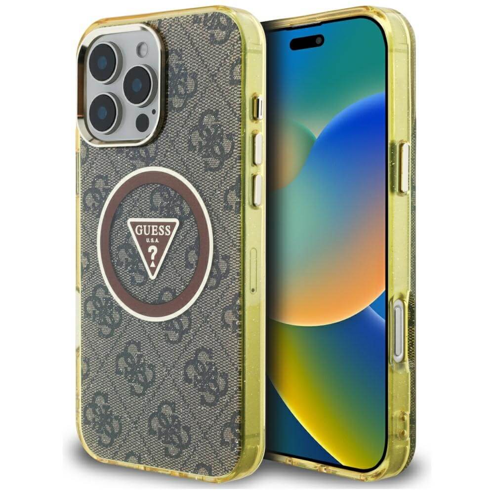 Guess iPhone 16 Pro - IML Metal Glitter 4G Circle Triangle MagSafe - Σκληρή Θήκη με Πλαίσιο Σιλικόνης και MagSafe - Brown - GUHMP16LHG4PRTGW