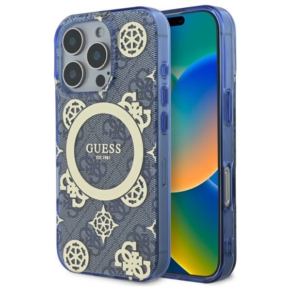Guess iPhone 16 Pro Max - IML Peony On 4G Background - MagSafe Θήκη με Επένδυση Συνθετικού Δέρματος - Blue - GUHMP16XH4PYEEB