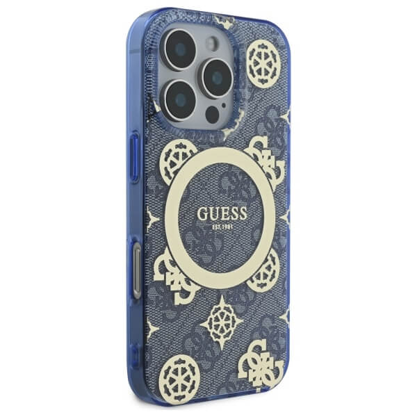 Guess iPhone 16 Pro - IML Peony On 4G Background MagSafe - Θήκη με Επένδυση Συνθετικού Δέρματος - Blue - GUHMP16LH4PYEEB