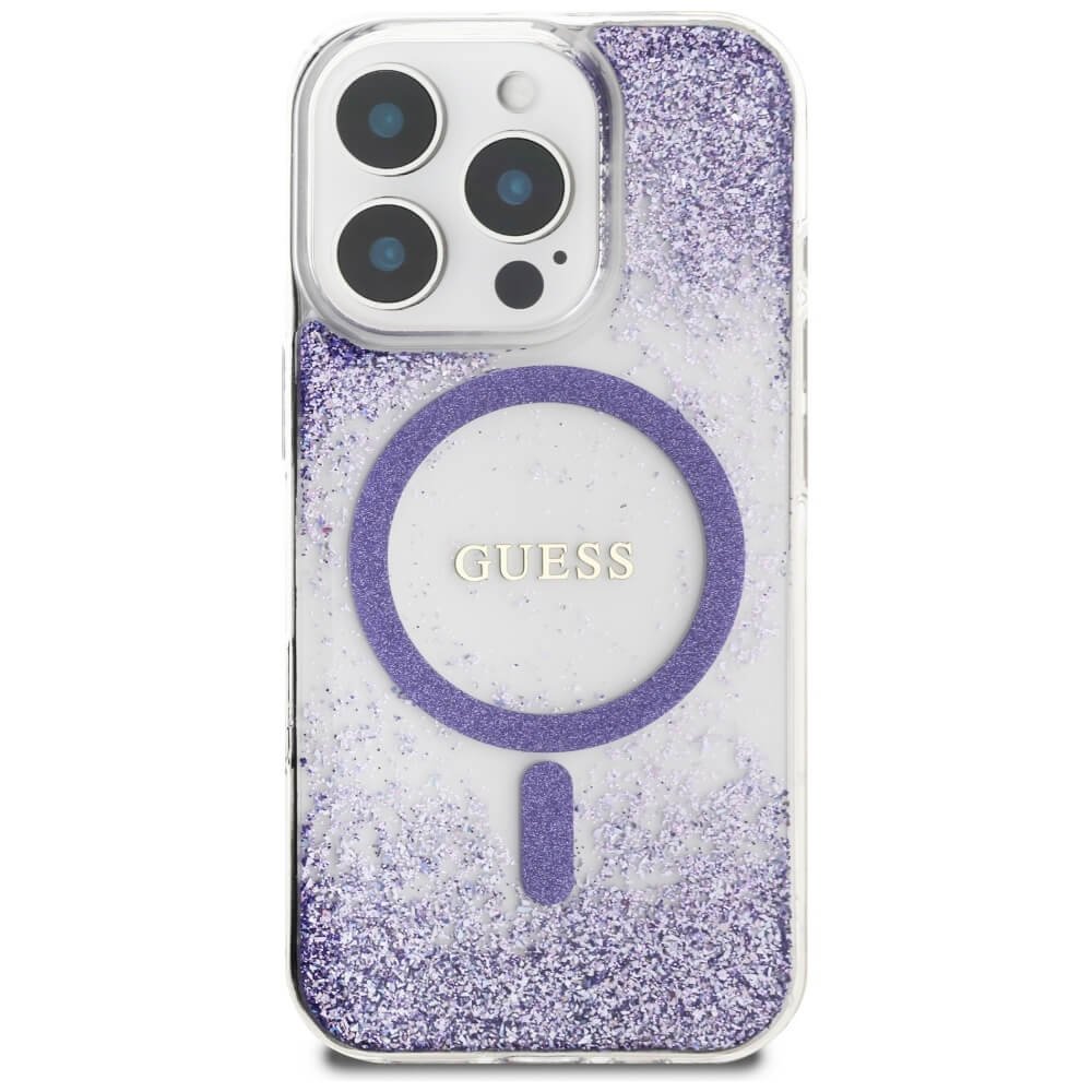 Guess iPhone 16 Pro Max - HC Resin Bottom Glitter - MagSafe Σκληρή Θήκη με Πλαίσιο Σιλικόνης - Purple - GUHMP16XRGRGEU