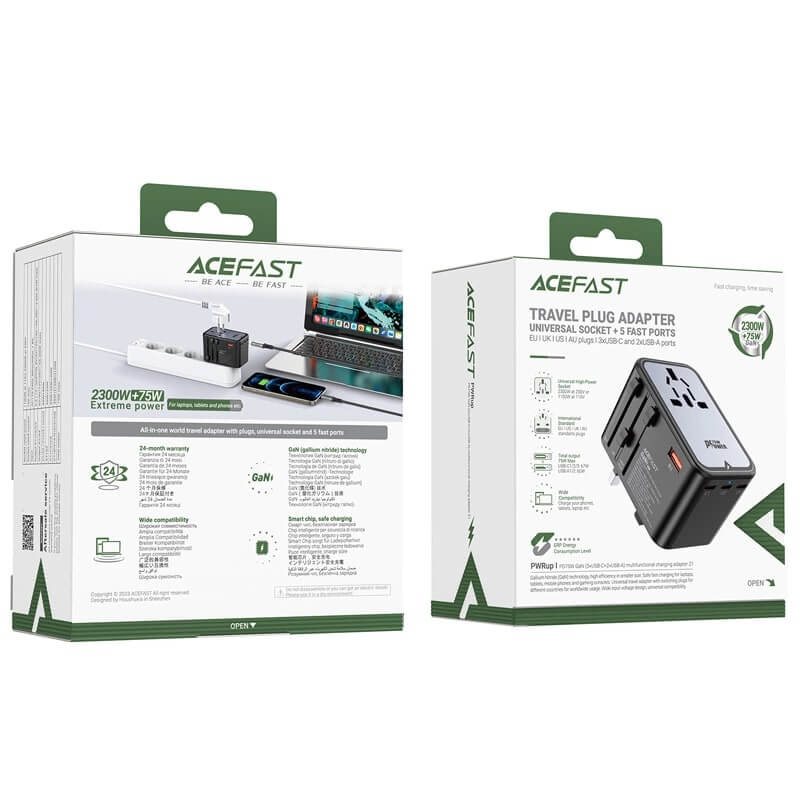 Acefast Z1 GaN 75W PD Φορτιστής Ταξιδίου με Ενσωματωμένα Βύσματα EU / UK / US / AUS με 3 Θύρες Type - C και 2 Θύρες USB - Black