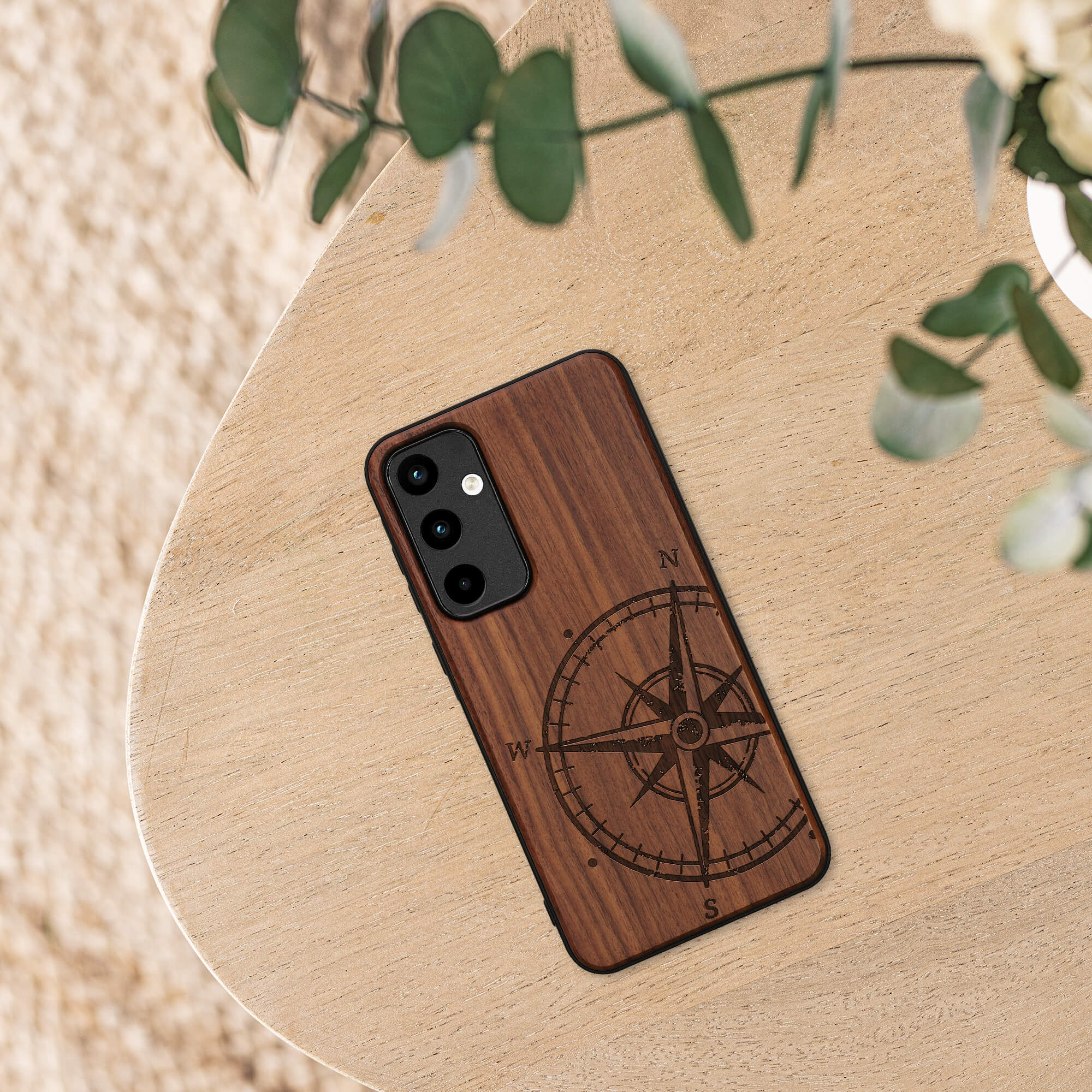 KW Samsung Galaxy A55 5G Θήκη από Φυσικό Ξύλο - Design Navigational Compass - Dark Brown