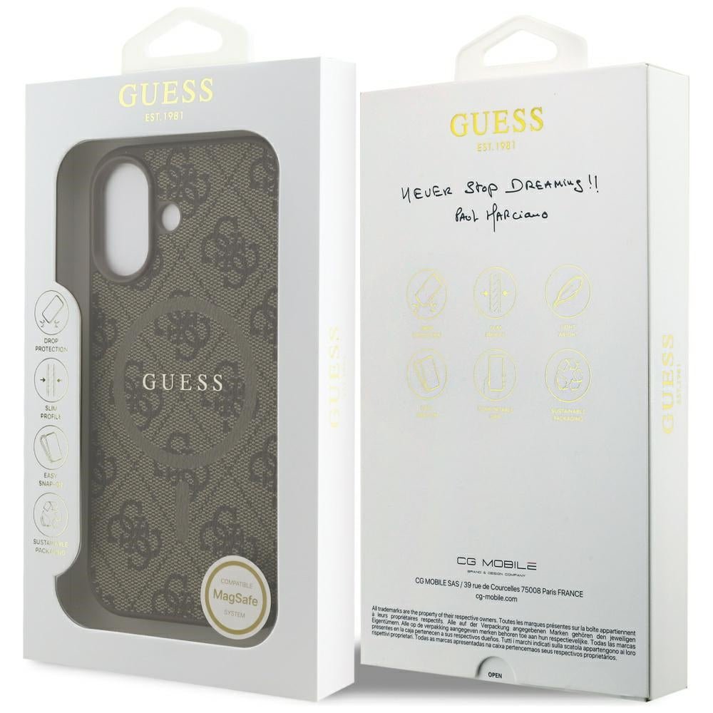 Guess iPhone 17 - 4G Ring Classic Logo MagSafe - Σκληρή Θήκη με Πλαίσιο Σιλικόνης και Επένδυση Συνθετικού Δέρματος - Brown - GUHMP17SG4GFRW