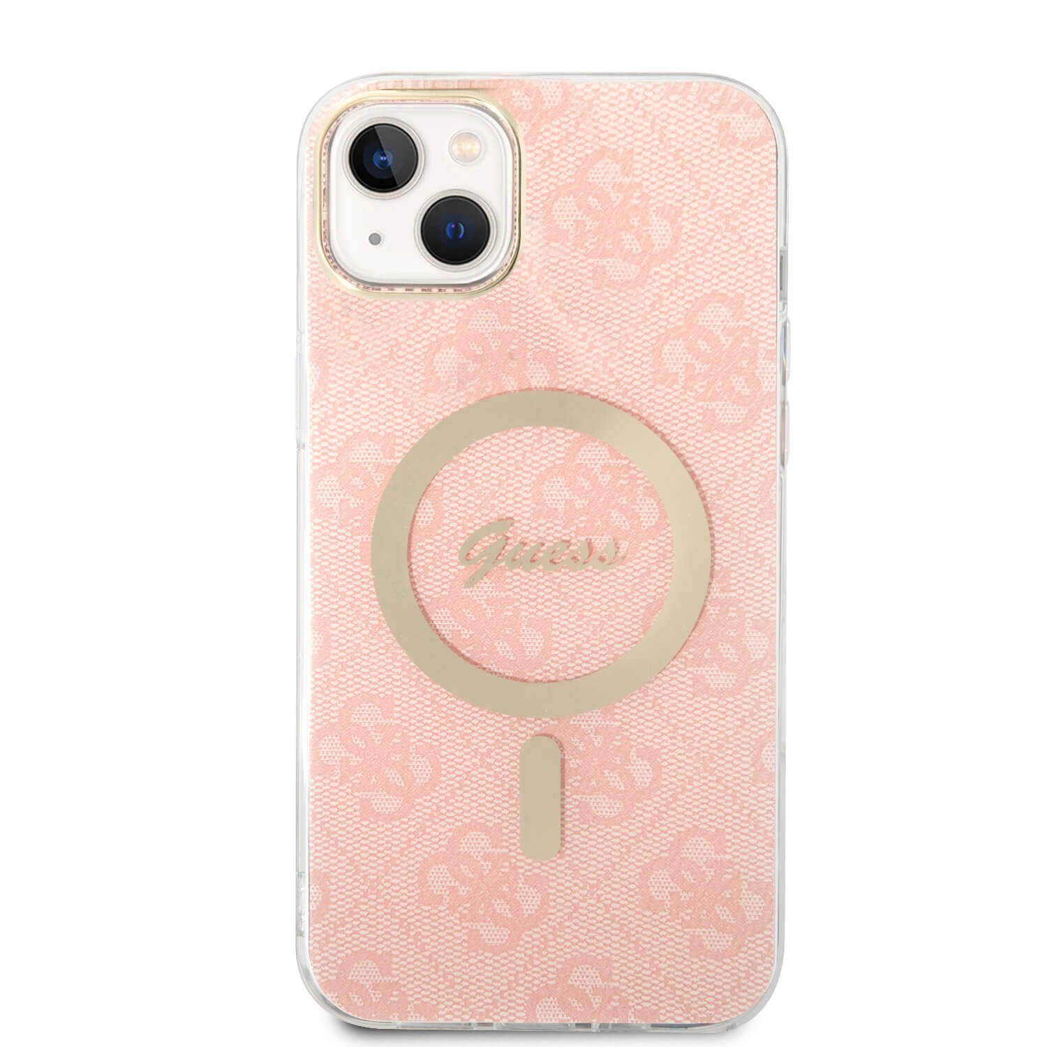 Guess iPhone 15 Plus / 14 Plus - Bundle Pack - Σετ Σκληρή Θήκη με Πλαίσιο Σιλικόνης και Ασύρματος Φορτιστής MagSafe - Design 4G Print MagSafe - Pink - GUBPP14MH4EACSP