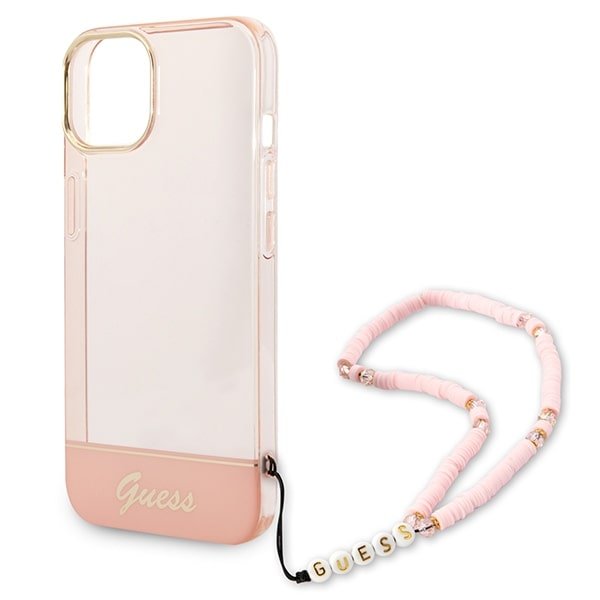 Guess iPhone 14 Pearl Strap Σκληρή Θήκη με Πλαίσιο Σιλικόνης και Λουράκι - Pink / Pearl / Semi Clear - GUHCP14SHGCOHP