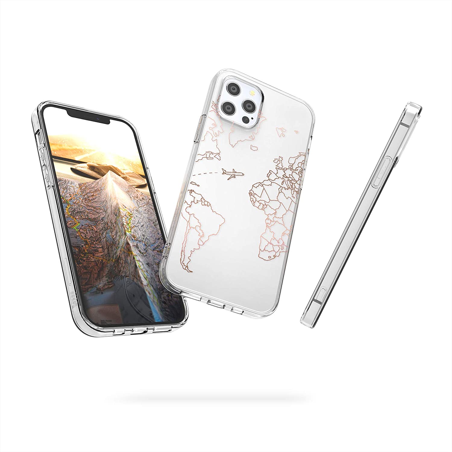 KW iPhone 12 / iPhone 12 Pro Θήκη Σιλικόνης TPU Design Travel and Explore - Διάφανη / Rose Gold - 53035.06