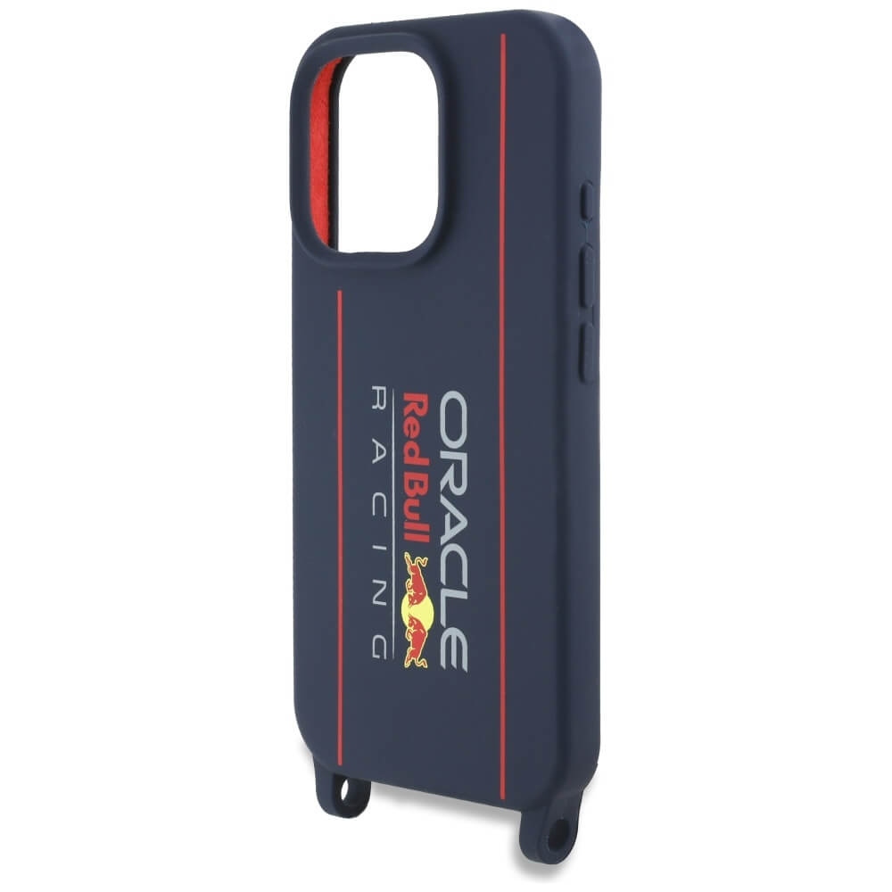 Red Bull iPhone 16 Pro - Silicone Strap and Vertical Logo - MagSafe Σκληρή Θήκη με Πλαίσιο Σιλικόνης και Λουράκι - Navy Blue - RBHMP16L24SISOLRV