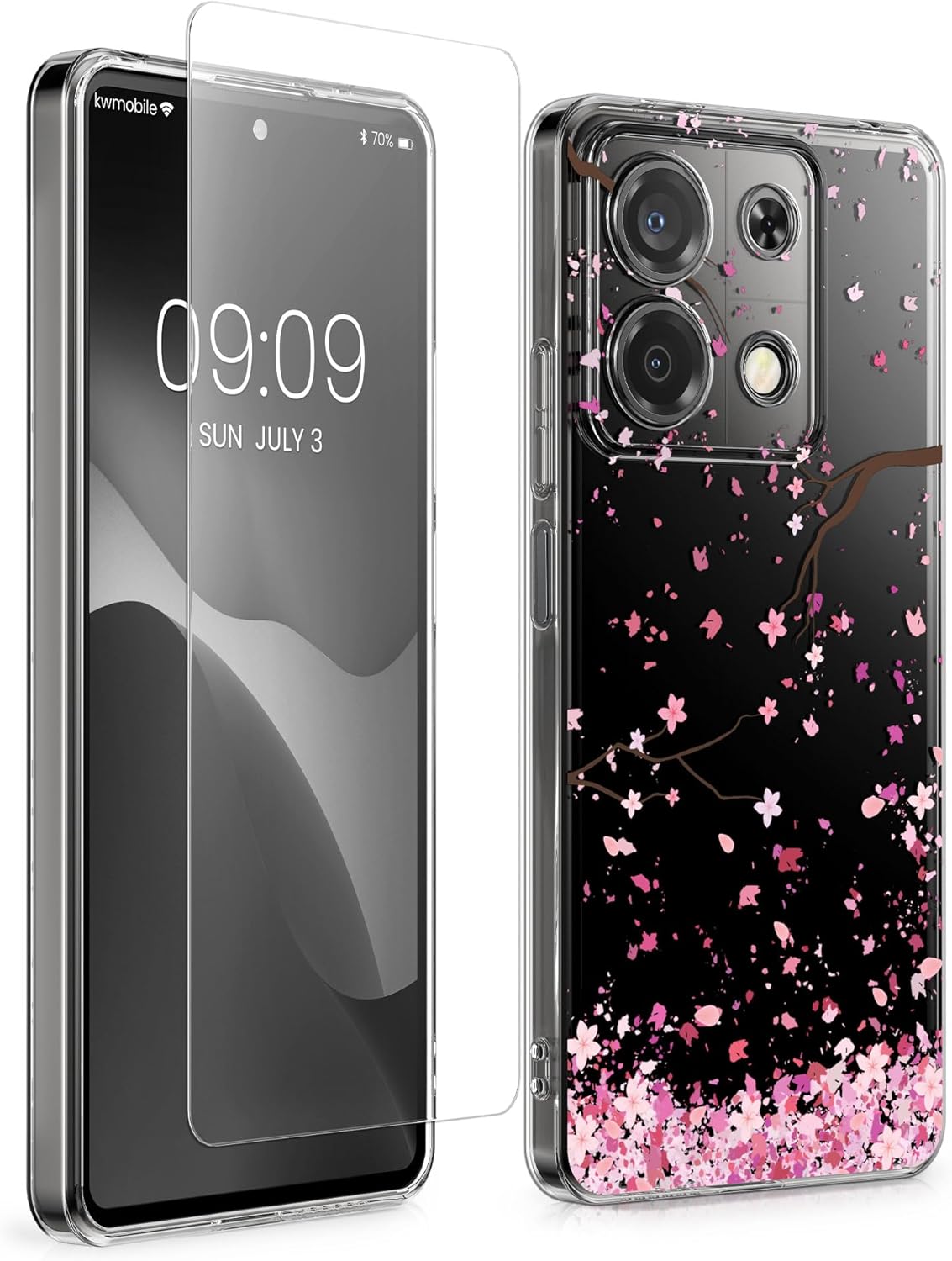 KW Xiaomi Redmi Note 13 5G Θήκη Σιλικόνης TPU με Αντιχαρακτικό Γυαλί - Design Cherry Blossoms Petals - Pink / Dark Brown / Διάφανη
