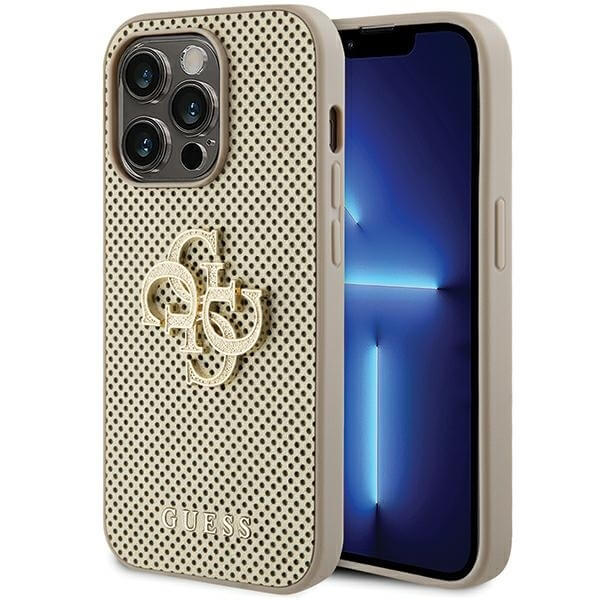Guess iPhone 15 Pro Max Leather Perforated 4G Glitter Θήκη με Επένδυση Συνθετικού Δέρματος - Gold - GUHCP15XPSP4LGD