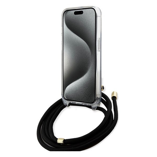 Guess iPhone 15 Crossbody Cord 4G Print Σκληρή Θήκη με Πλαίσιο Σιλικόνης και Λουράκι - Black - GUHCP15SHC4SEK