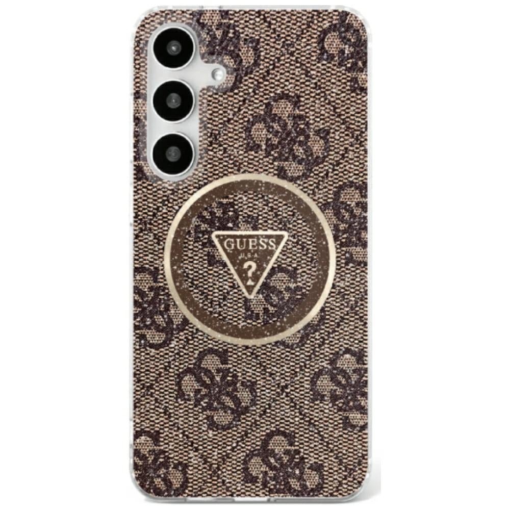 Guess Samsung Galaxy S25 - 4G Glitter Triangle Buttons - MagSafe Σκληρή Θήκη με Πλαίσιο Σιλικόνης - Brown - GUHMS25SHG4PRTGW