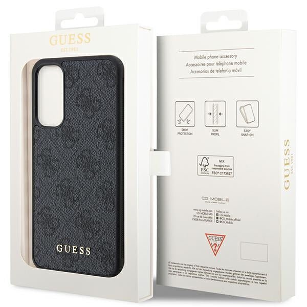 Guess Samsung Galaxy A34 5G - Collection 4G Metal Gold Logo Σκληρή Θήκη με Επένδυση Συνθετικού Δέρματος - Grey - GUHCSA34G4GFGR