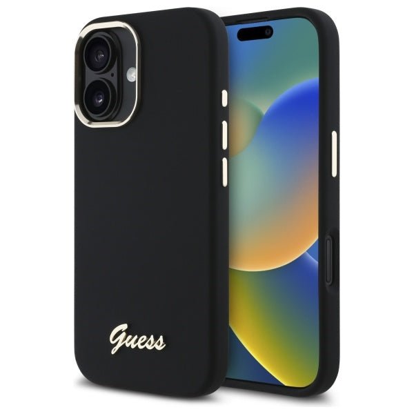 Guess iPhone 16 - Silicone Script Metal Logo and Frame - Σκληρή Θήκη με Πλαίσιο Σιλικόνης - Black - GUHCP16SSMBSLK
