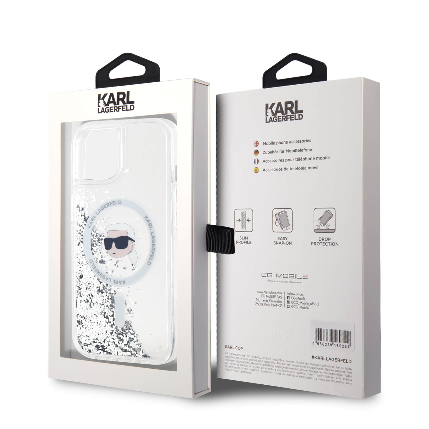 Karl Lagerfeld iPhone 15 / 14 / 13 - Liquid Glitter Karl Head MagSafe - Σκληρή Θήκη με Πλαίσιο Σιλικόνης - Διάφανη - KLHMP15SLGKISGH