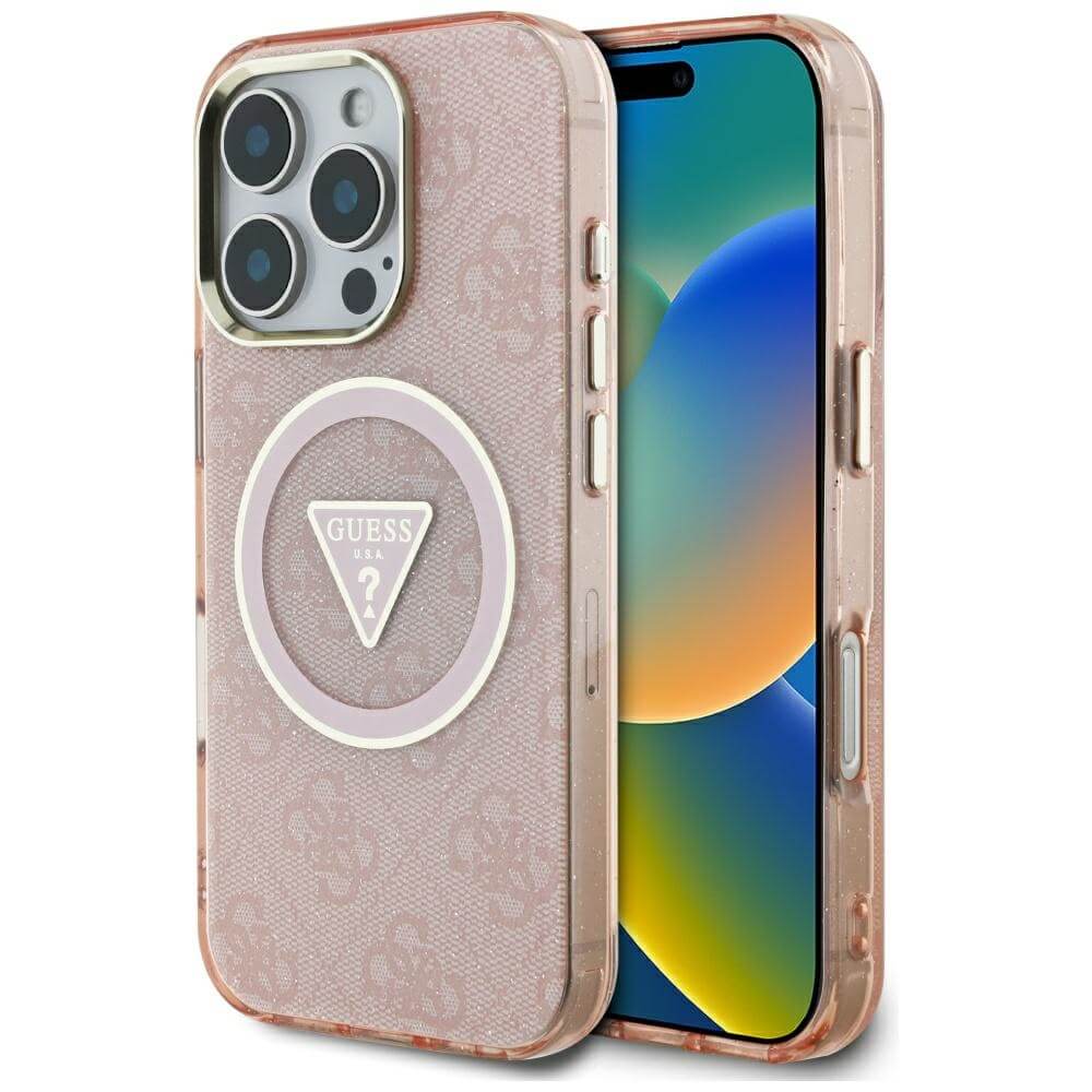 Guess iPhone 16 Pro Max - IML Metal Glitter 4G Circle Triangle MagSafe - Σκληρή Θήκη με Πλαίσιο Σιλικόνης και MagSafe - Pink - GUHMP16XHG4PRTGP