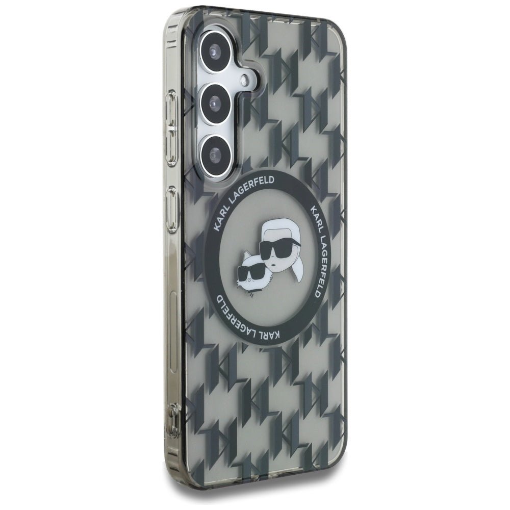 Karl Lagerfeld Samsung Galaxy S25 - Button Karl and Choupette Heads On KL Pattern - MagSafe Σκληρή Θήκη με Πλαίσιο Σιλικόνης - Black - KLHMS25SHMCKMHK