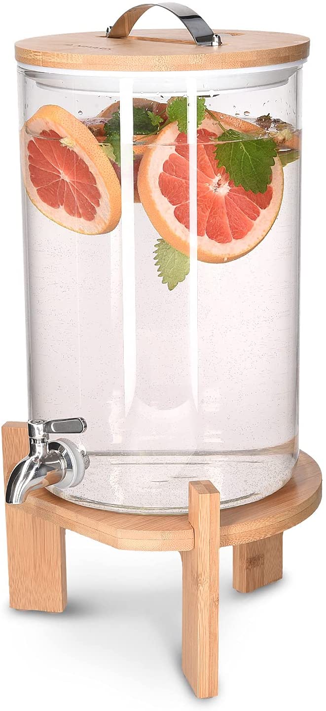 Navaris Glass Beverage Drink Dispenser Γυάλινος Διανεμητής Ποτού με Ξύλινη Βάση - 7L - Clear - 46785.03