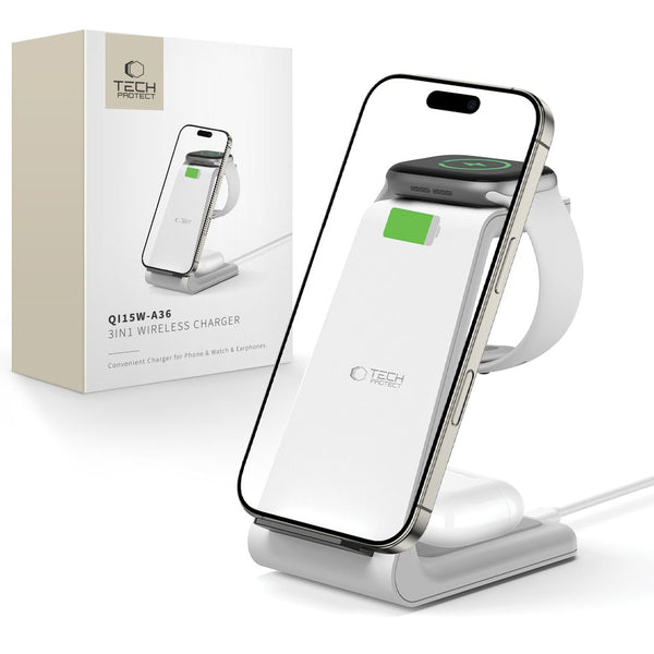 Tech - Protect QI15W - A36 3in1 Ασύρματος Φορτιστής MagSafe με Καλώδιο USB - A to USB - C - White