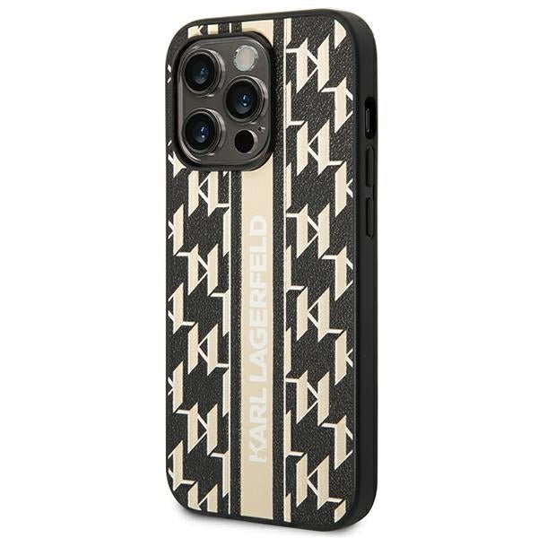 Karl Lagerfeld iPhone 14 Pro - Monogram Stripe Σκληρή Θήκη με Επένδυση Συνθετικού Δέρματος και Πλαίσιο Σιλικόνης - Brown - KLHCP14LPGKLSKW