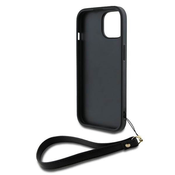 DKNY iPhone 15 Plus - Wrist Strap Stock Logo - Σκληρή Θήκη με Επένδυση Συνθετικού Δέρματος με Λουράκι - Black