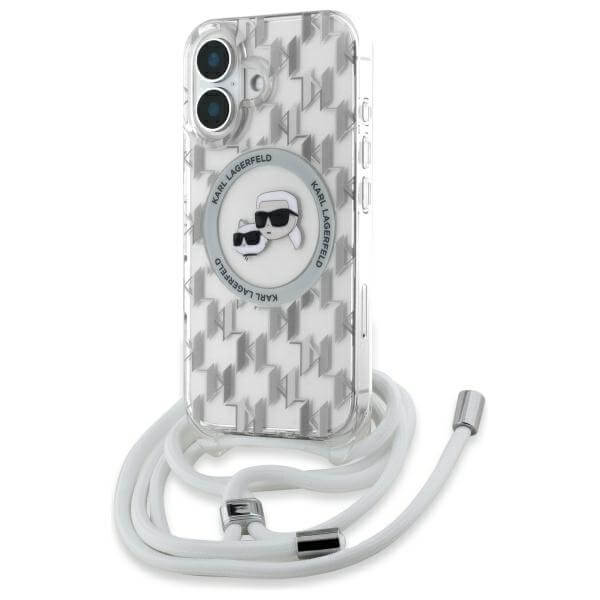 Karl Lagerfeld iPhone 16 - IML Crossbody Monogram Karl and Choupette Head - MagSafe Σκληρή Θήκη με Πλαίσιο Σιλικόνης και Λουράκι - Διάφανη - KLHMP16SHCKCKLCT