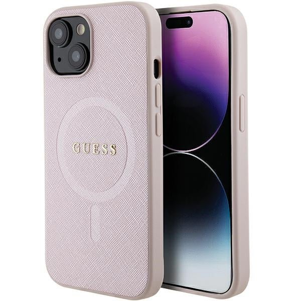 Guess iPhone 15 Plus Saffiano MagSafe Σκληρή Θήκη με Πλαίσιο Σιλικόνης και MagSafe - Pink - GUHMP15MPSAHMCP
