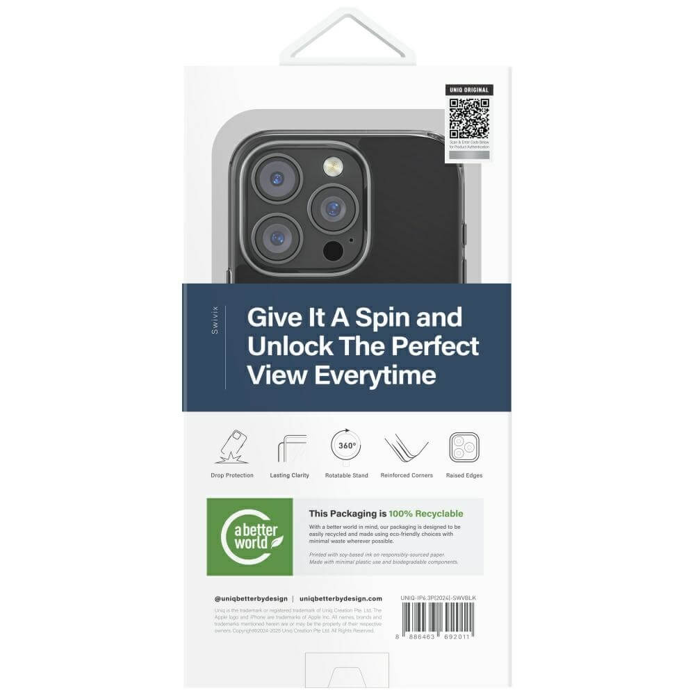 Uniq iPhone 16 Pro - Swivix 360 Rotating Kickstand - Σκληρή Θήκη με Πλαίσιο Σιλικόνης και Σταντ - Black