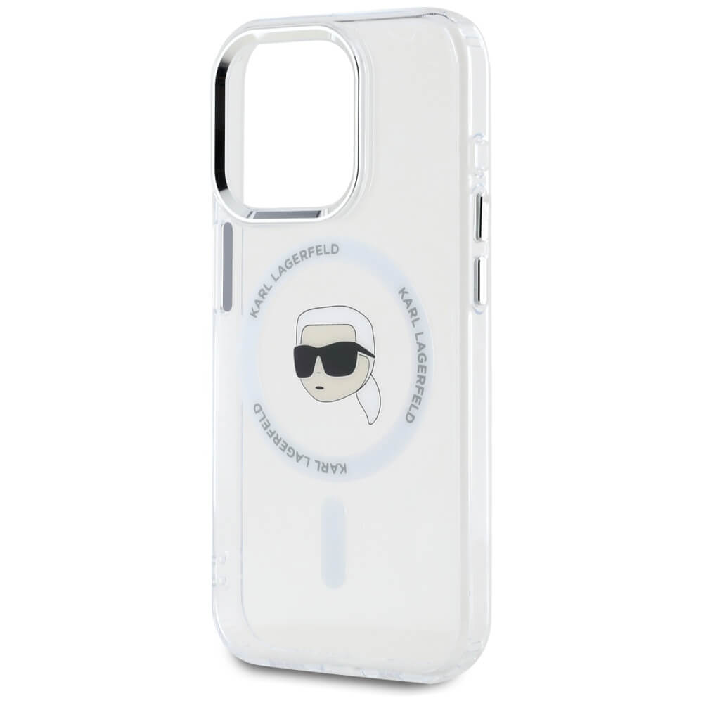 Karl Lagerfeld iPhone 15 Pro - IML Metal Karl Head - MagSafe Σκληρή Θήκη με Πλαίσιο Σιλικόνης - White - KLHMP15LHLSKIH