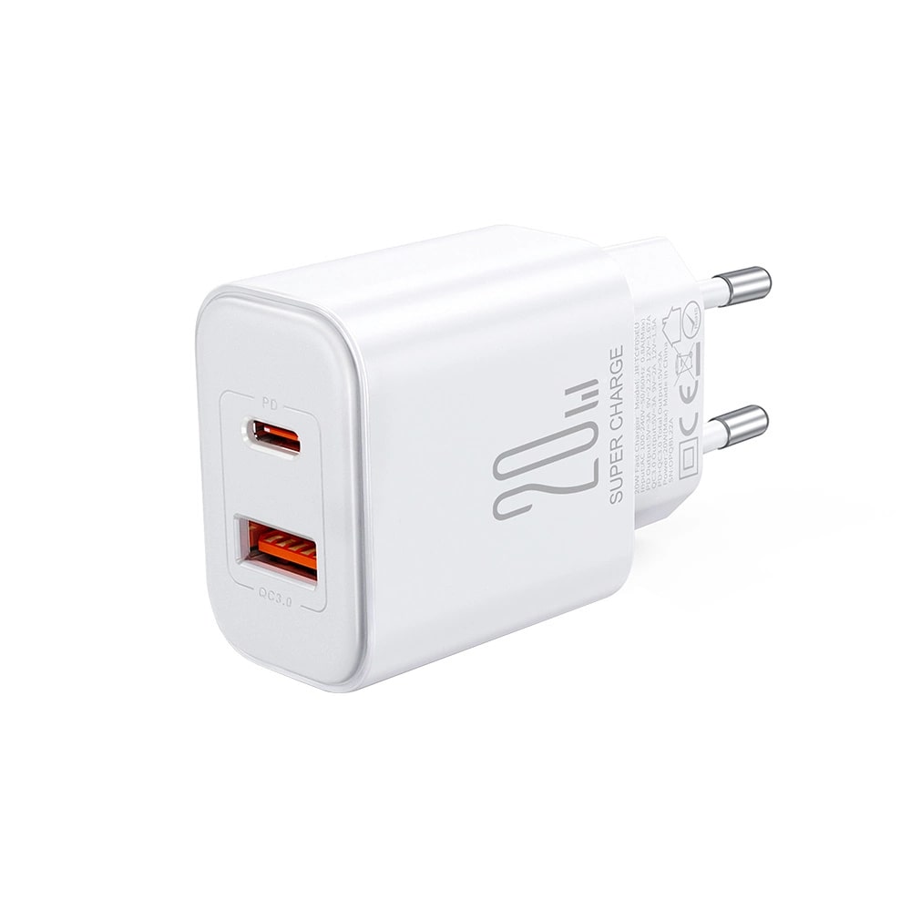 Joyroom PD 20W Οικιακός Φορτιστής Γρήγορης Φόρτισης με Θύρα USB και Θύρα Type - C και Καλώδιο Type - C to Type - C - White - JR - TCF05