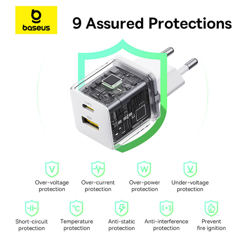 Baseus Palm Οικιακός Φορτιστής Γρήγορης Φόρτισης 20W με 1 Θύρα Type - C και 1 Θύρα USB και Καλώδιο Type - C to Type - C - Moon White
