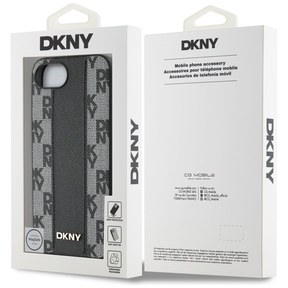 DKNY iPhone 16e - Leather Checkered Mono Pattern MagSafe Σκληρή Θήκη με Επένδυση Συνθετικού Δέρματος - Black