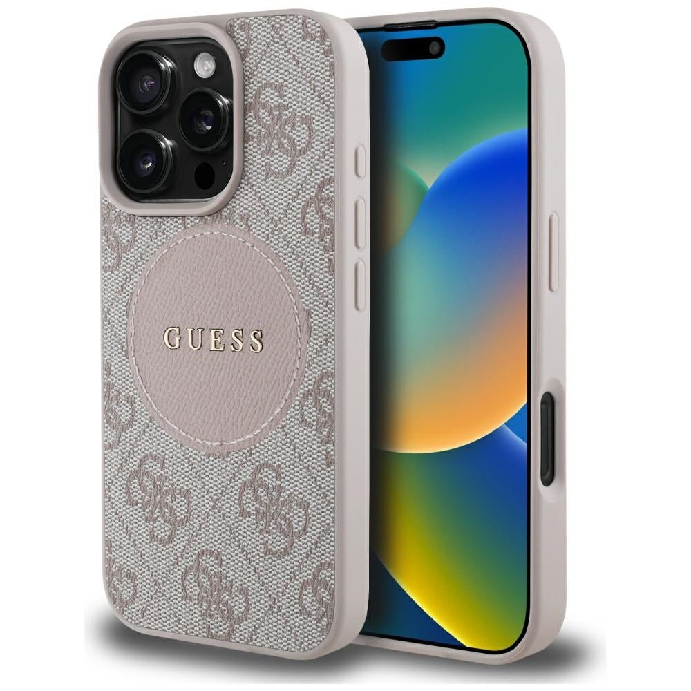 Guess iPhone 16 Pro - 4G Circle Classic Logo - MagSafe Θήκη με Επένδυση Συνθετικού Δέρματος - Pink - GUHMP16LP4PGRSGP