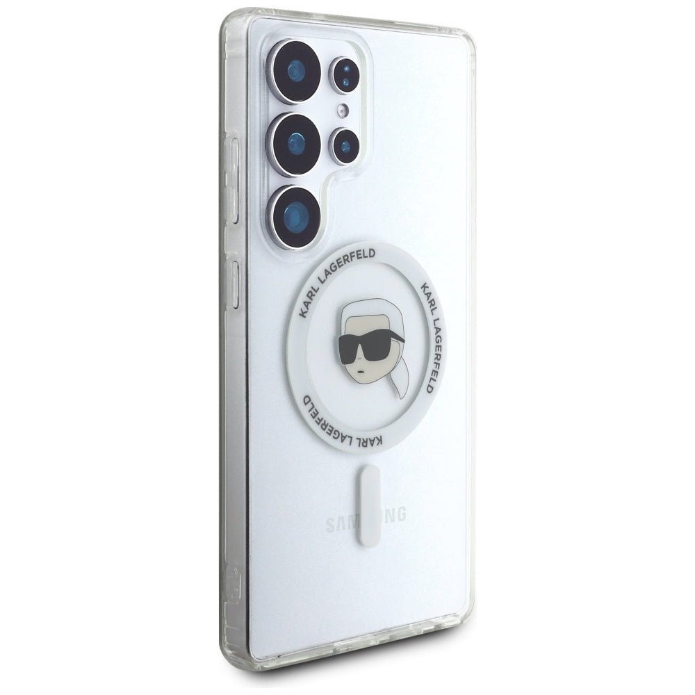 Karl Lagerfeld Samsung Galaxy S25 Ultra - Button Karl Head Printed Logo - MagSafe Σκληρή Θήκη με Πλαίσιο Σιλικόνης - White - KLHMS25LHLSKIH