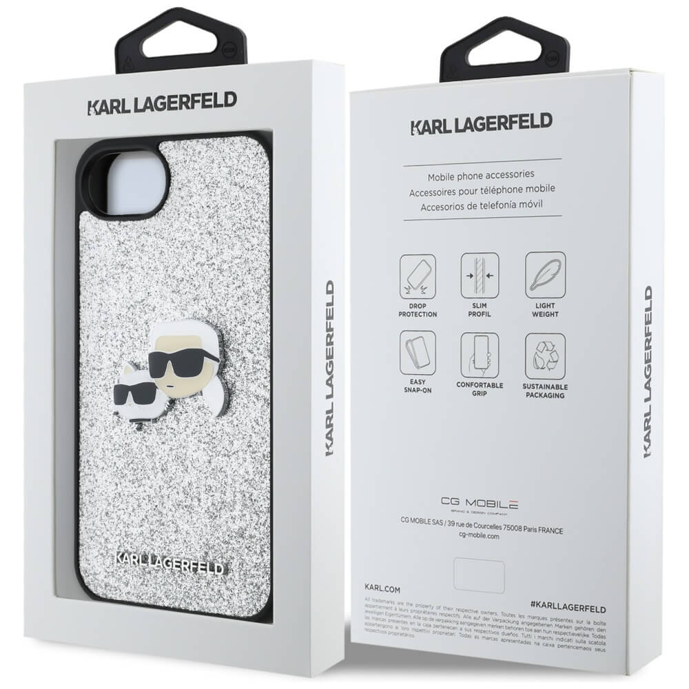 Karl Lagerfeld iPhone 16e - Fixed Glitter Ikonik Metal Pin - Σκληρή Θήκη με Πλαίσιο Σιλικόνης - Silver - KLHCPSE4PFGKCPS