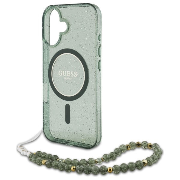 Guess iPhone 16 - IML Glitter With Pearl Strap MagSafe - Σκληρή Θήκη με Πλαίσιο Σιλικόνης και Λουράκι - Green - GUHMP16SHGCRELSA
