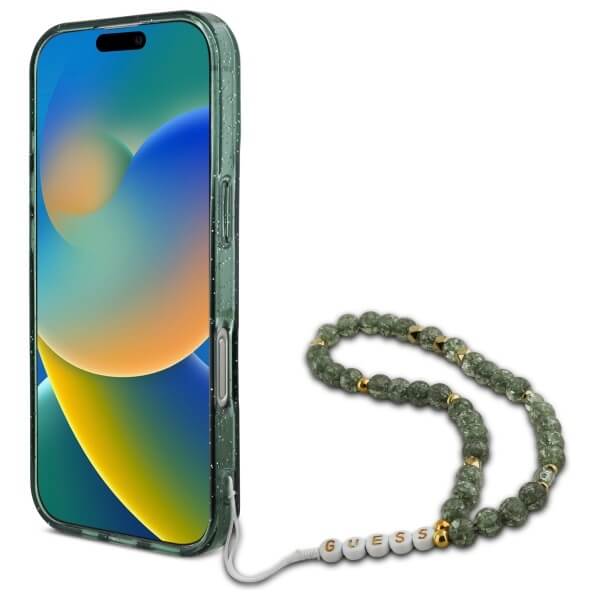 Guess iPhone 16 Pro Max - IML Glitter With Pearl Strap - MagSafe Σκληρή Θήκη με Πλαίσιο Σιλικόνης και Λουράκι - Green - GUHMP16XHGCRELSA