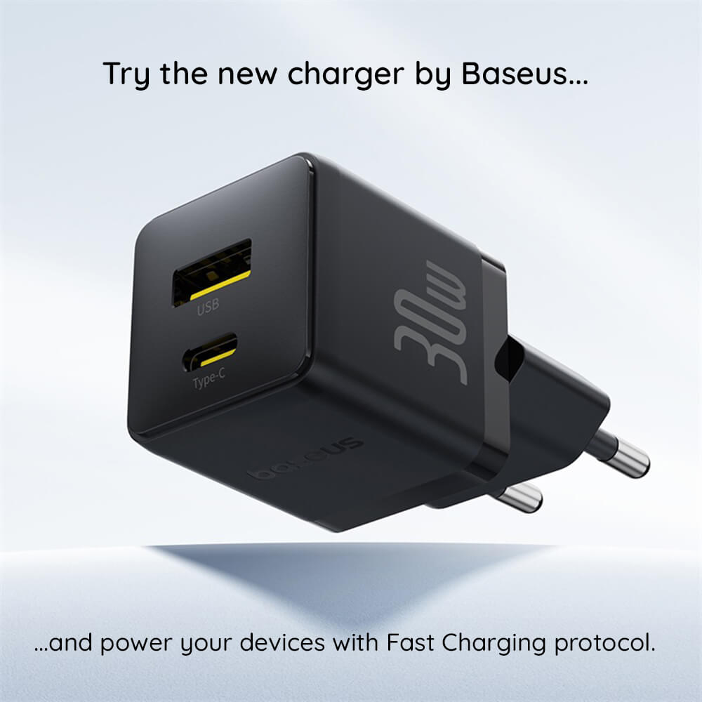 Baseus Palm Οικιακός Φορτιστής Γρήγορης Φόρτισης 30W με 1 Θύρα Type - C και 1 Θύρα USB - Cluster Black