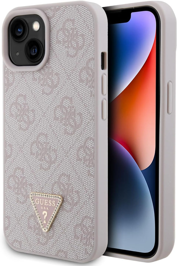 Guess iPhone 15 Leather 4G Diamond Triangle Θήκη με Επένδυση Συνθετικού Δέρματος - Pink - GUHCP15SP4TDPP
