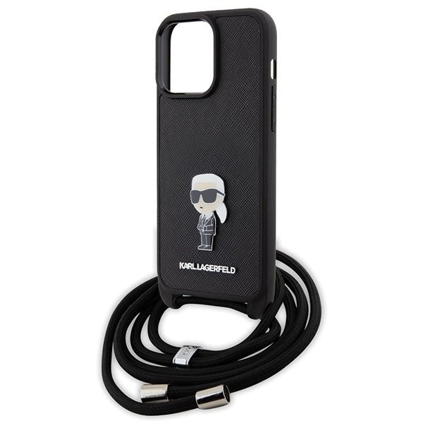 Karl Lagerfeld iPhone 15 Pro Max - Crossbody Saffiano Monogram Metal Pin Karl Choupette Σκληρή Θήκη με Επένδυση Συνθετικού Δέρματος και Λουράκι - Black - KLHCP15XSASKNPSK