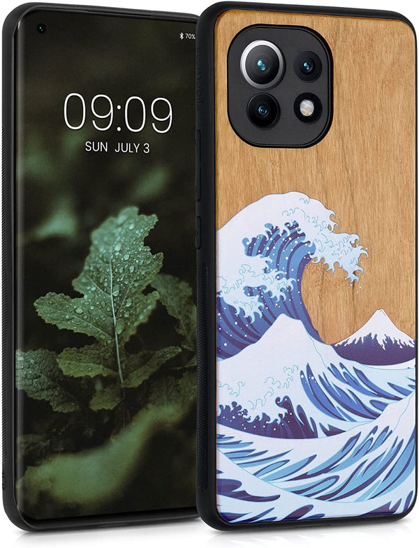 KW Xiaomi Mi 11 Θήκη από Φυσικό Ξύλο - Design Wood Japanese Wave - Blue / White / Brown - 54662.06