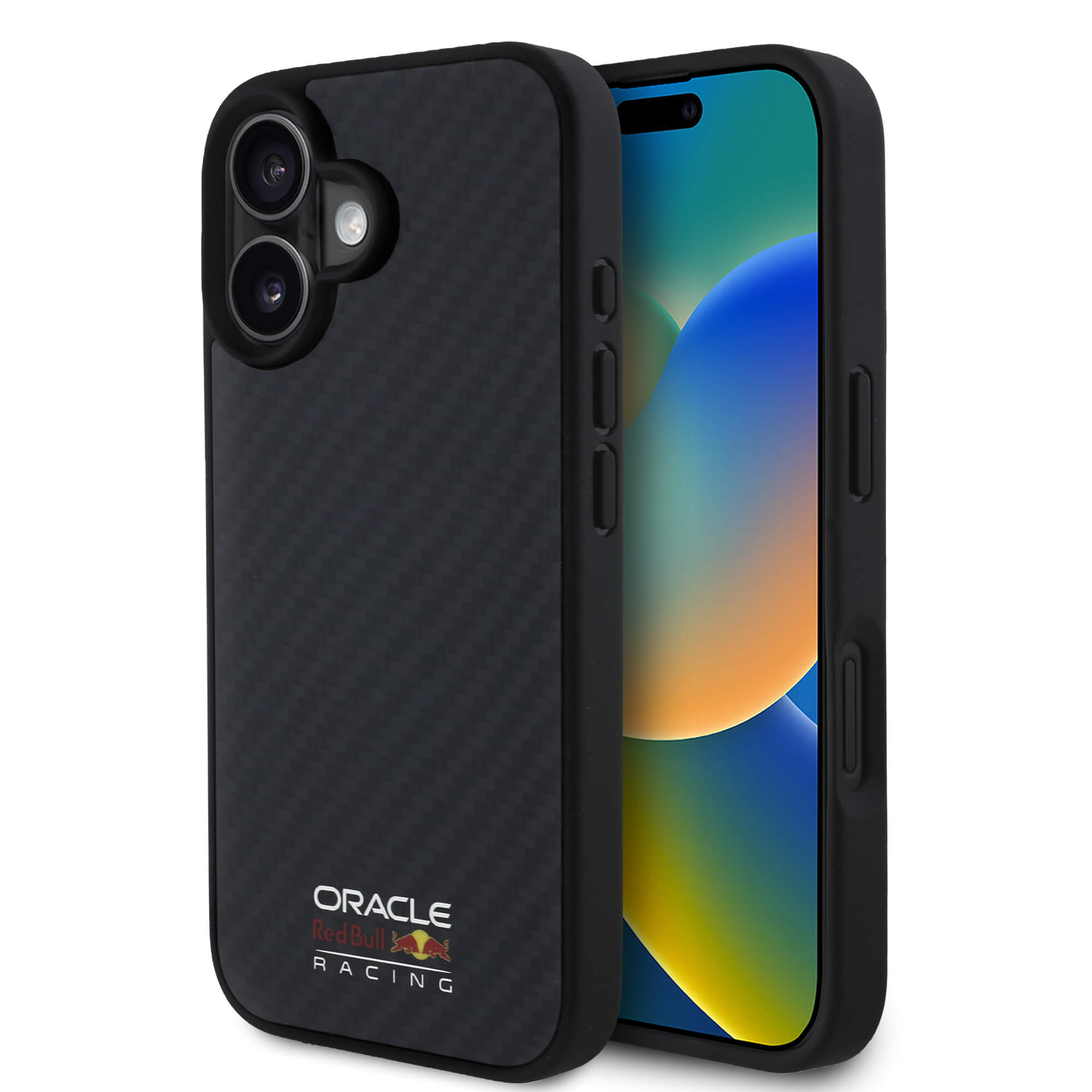 Red Bull iPhone 16 - Carbon Fiber Shiny Logo - MagSafe Σκληρή Θήκη με Πλαίσιο Σιλικόνης - Black - RBHMP16S24CFILSK