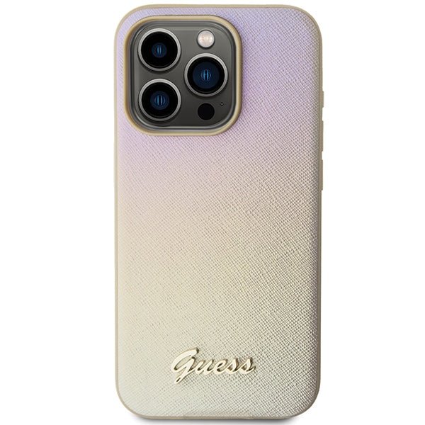 Guess iPhone 15 Pro Saffiano Iridescent Script Σκληρή Θήκη με Επένδυση Συνθετικού Δέρματος και Πλαίσιο Σιλικόνης - Gold - GUHCP15LPSAIRSD