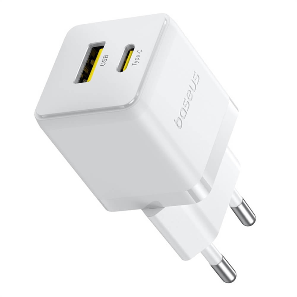 Baseus Palm Οικιακός Φορτιστής Γρήγορης Φόρτισης 20W με 1 Θύρα Type - C και 1 Θύρα USB και Καλώδιο Type - C to Type - C - Moon White
