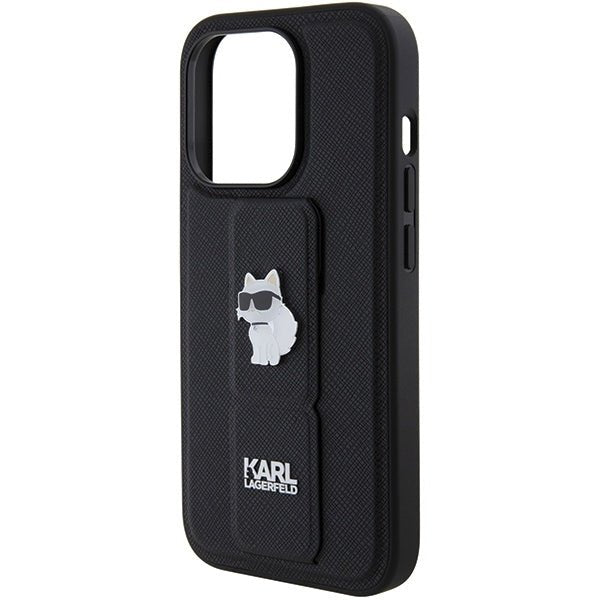 Karl Lagerfeld iPhone 15 Pro Max - Gripstand Saffiano Choupette Pin Σκληρή Θήκη με Επένδυση Συνθετικού Δέρματος και Stand - Black - KLHCP15XGSACHPK