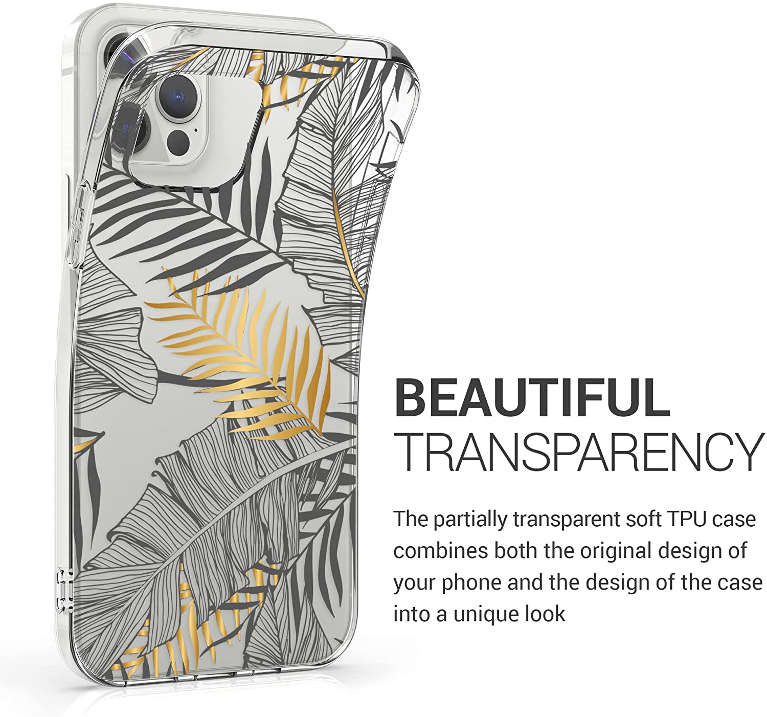 KW iPhone 12 / iPhone 12 Pro Θήκη Σιλικόνης TPU Design Palm Leaves - Διάφανη / Gold / Grey - 53035.14
